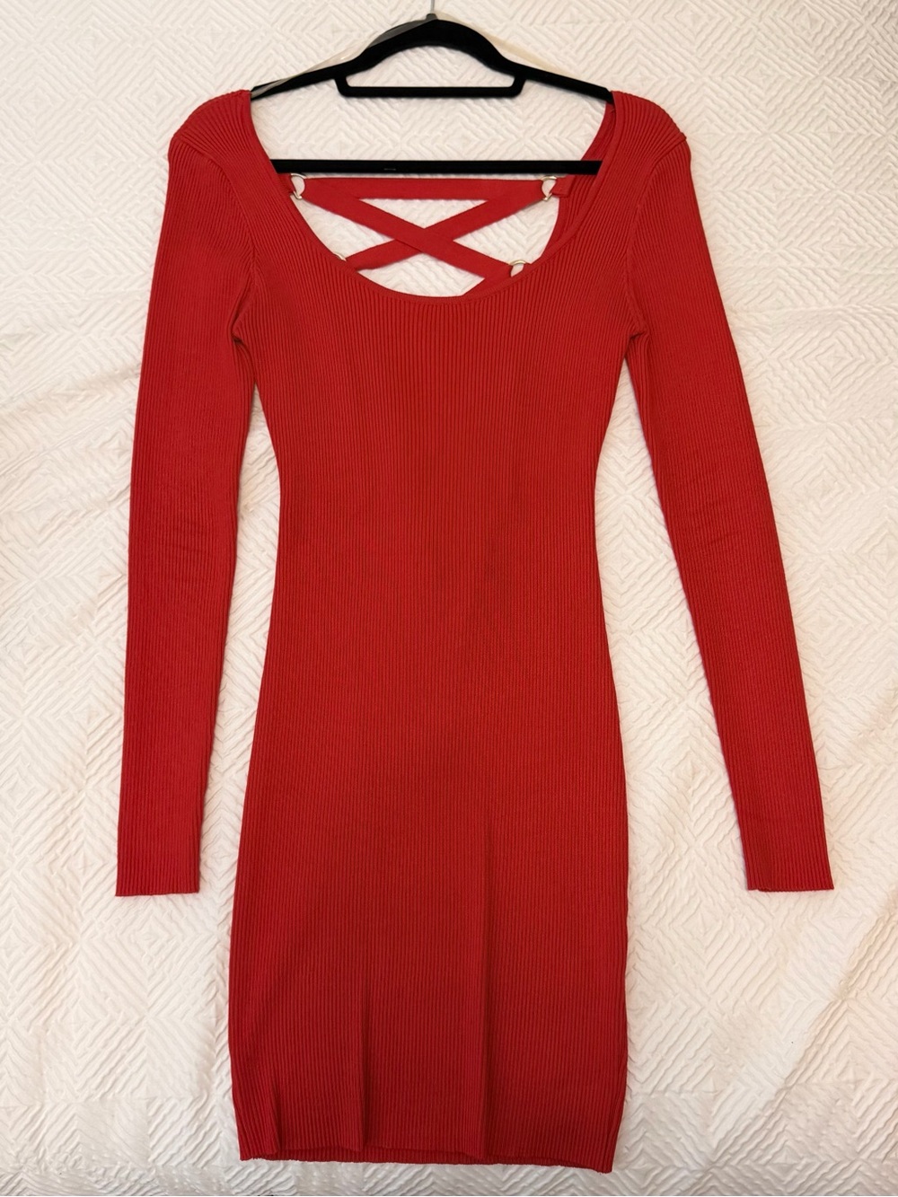 Women’s Red Long Sleeve Ribbed Bodycon Dress